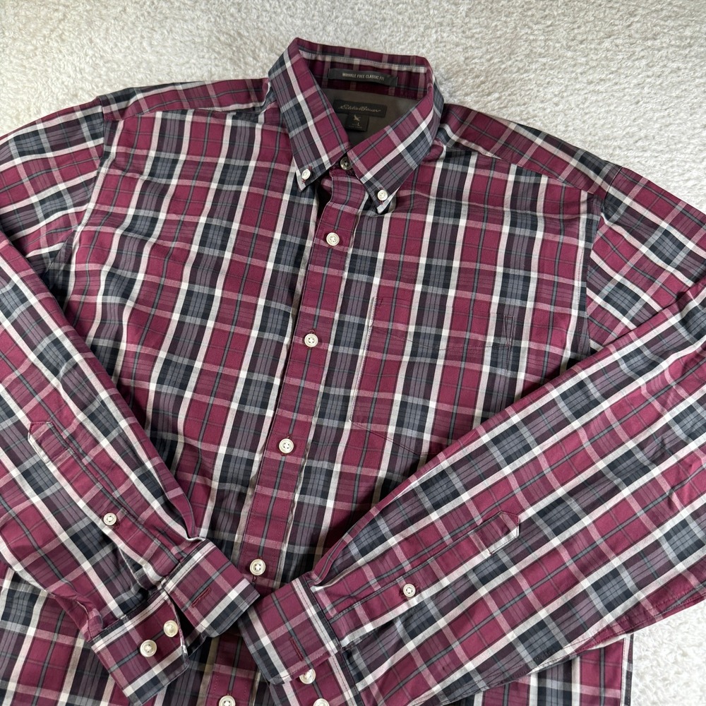 Eddie Bauer Button Down Shirt Mens Large Burgundy Plaid Classic Fit Wrinkle Free